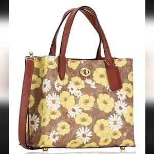 NWT Coach C9721 Willow Tote 24 Signature Canvas Floral Daisy Tan Rust Crossbody